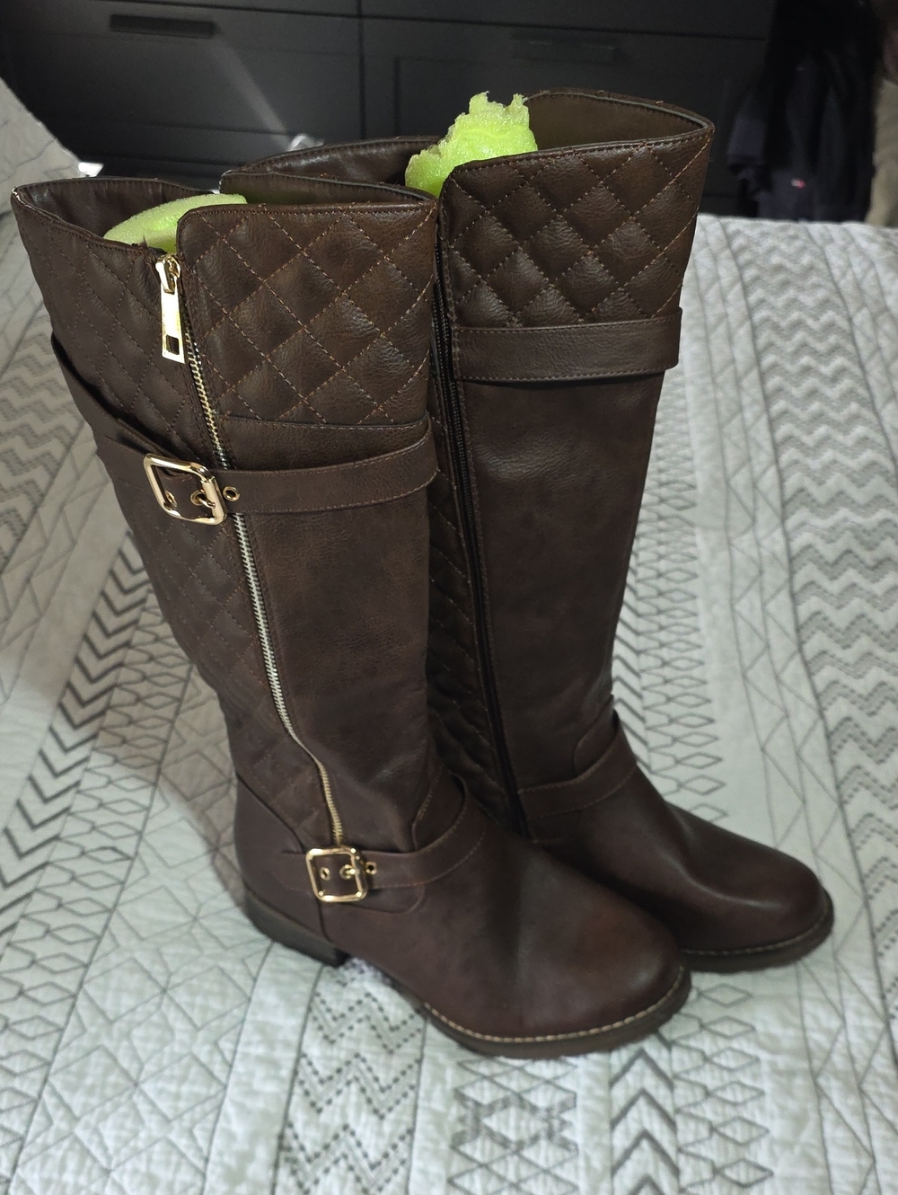 Global Win Quilted  Riding Boots - Dark Brown with Gold Accents